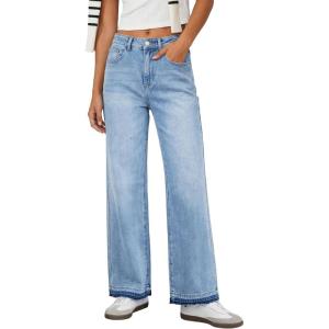 EMMIOL Women’s Straight Wide Leg Rhinestone Jeans Trendy High Waisted Sparkly Bling Glitter Denim Pants Boyfriend(Blue)