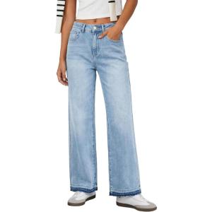 EMMIOL Women’s Straight Wide Leg Rhinestone Jeans Trendy High Waisted Sparkly Bling Glitter Denim Pants Boyfriend(Blue—without Diamonds)