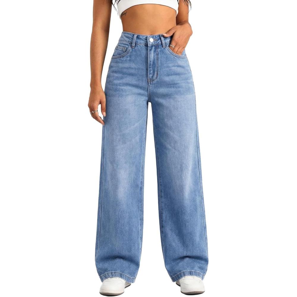 image:imageEMMIOL Womens Wide Leg Baggy Jeans Low Rise Stretchy Denim Pants Elastic Back Patchwork 90s Boyfriend Casual JeansBlue