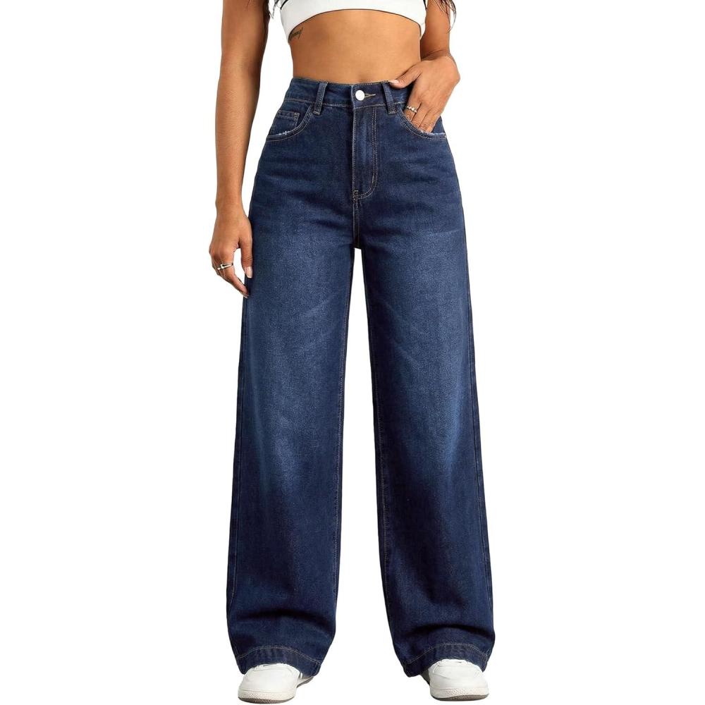 image:imageEMMIOL Womens Wide Leg Baggy Jeans Low Rise Stretchy Denim Pants Elastic Back Patchwork 90s Boyfriend Casual JeansDark Blue