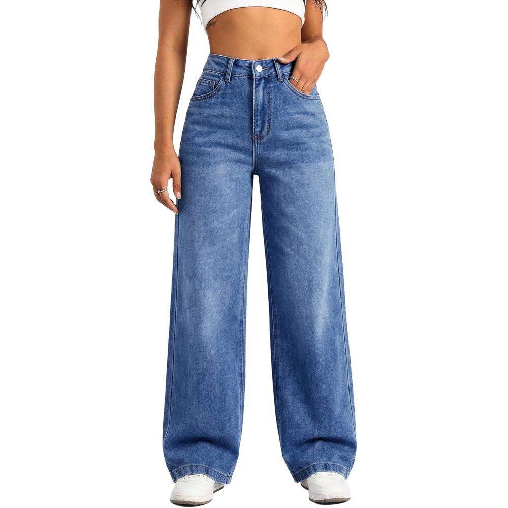 image:imageEMMIOL Womens Wide Leg Baggy Jeans Low Rise Stretchy Denim Pants Elastic Back Patchwork 90s Boyfriend Casual JeansMid Blue