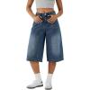 EMMIOL Womens Long Jorts Baggy Y2K Mid High Waisted Retro Jean Shorts Trendy Streetwear Wide Leg Denim Bermudas(Dark Blue-007)