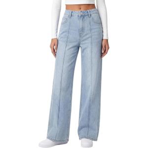 EMMIOL Women’s Wide Leg Jeans Low Rise Trendy Seamed Front Baggy Vintage Denim Pants with Pockets(Light Blue)