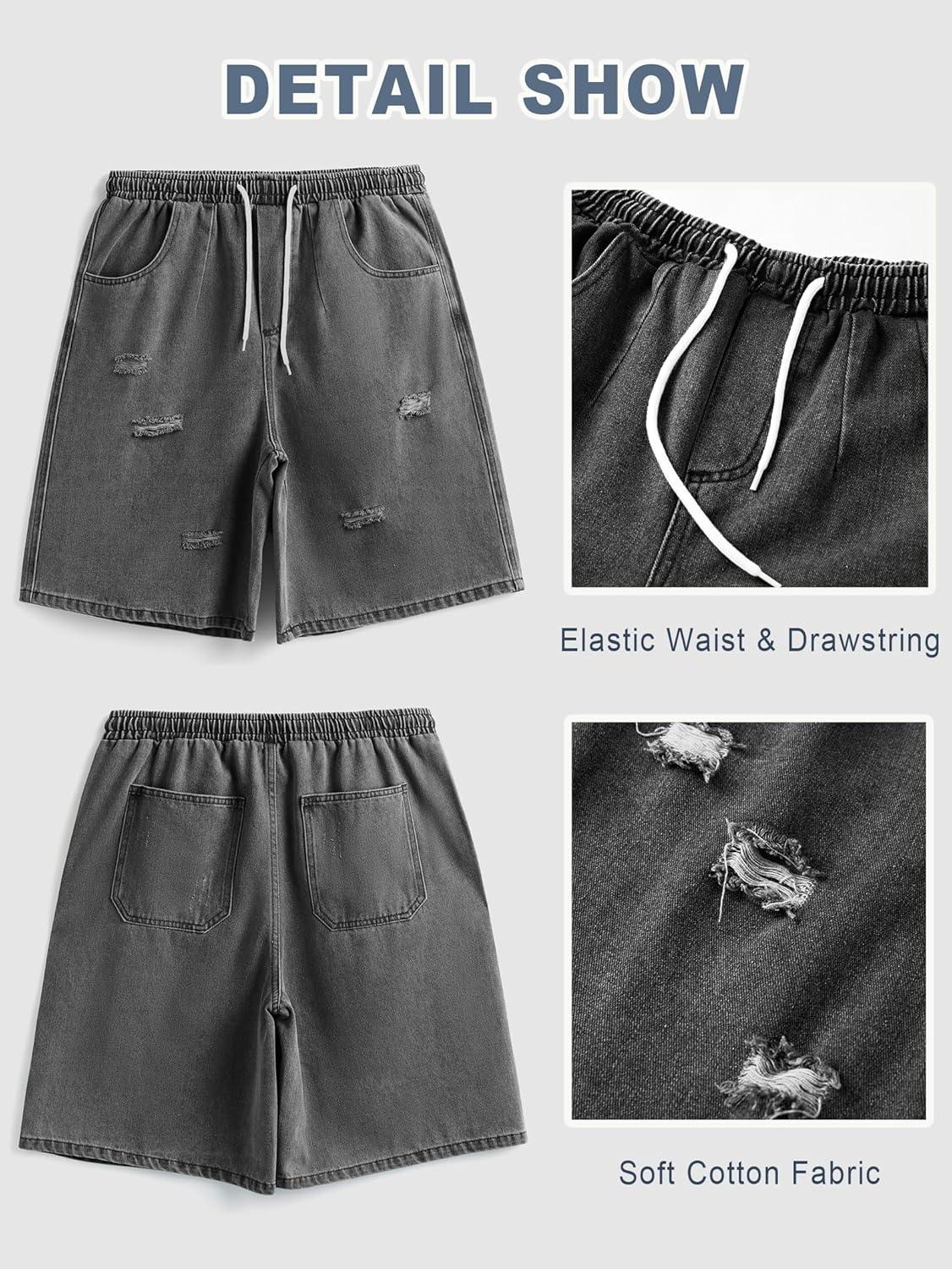 image:imageEMMIOL Baggy Jean Shorts Men Y2k Jorts Cargo Ripped Elastic Waist Mens Denim Shorts Comfy Casual Streetwear SummerDark Grey