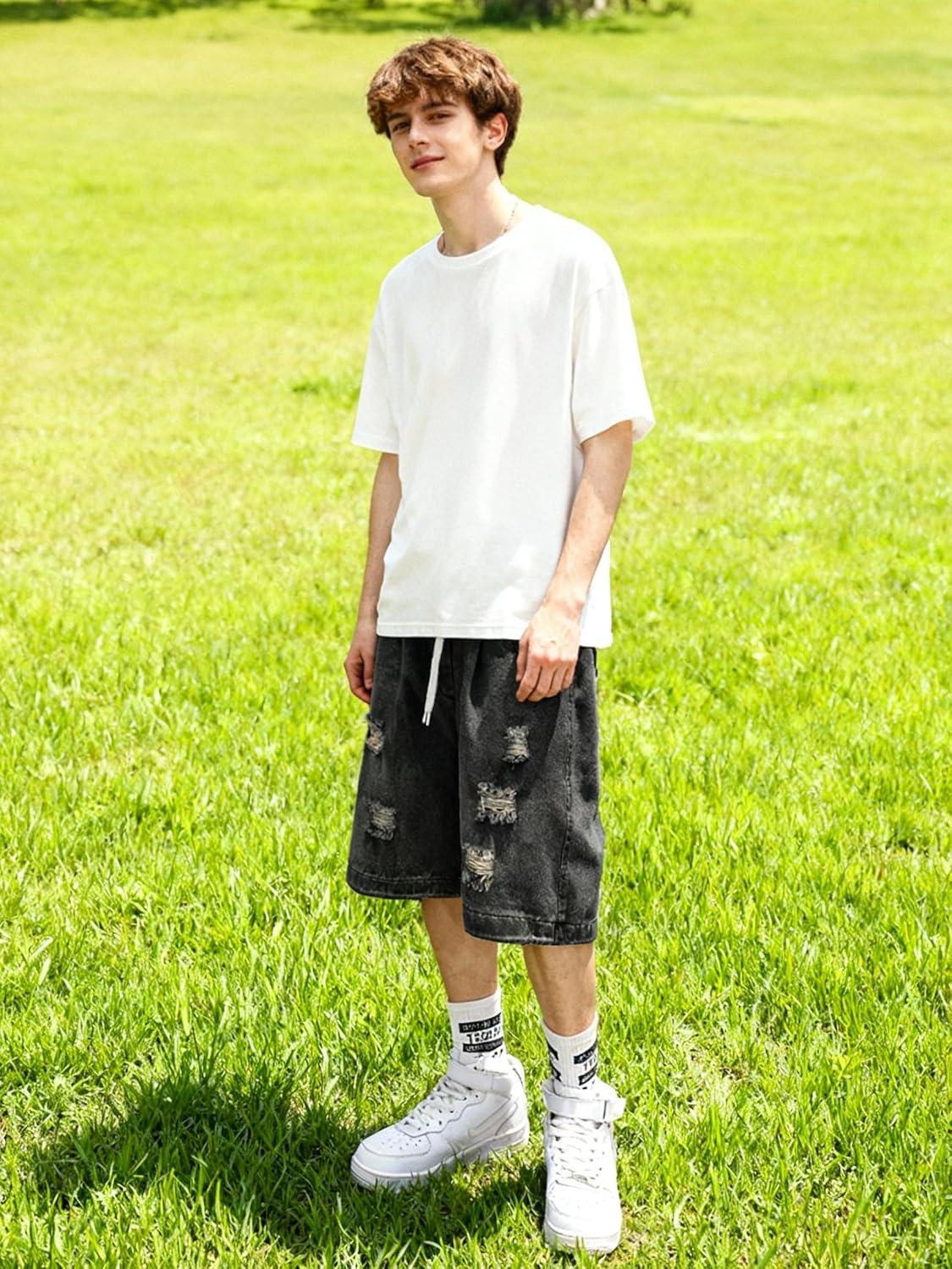 image:imageEMMIOL Baggy Jean Shorts Men Y2k Jorts Cargo Ripped Elastic Waist Mens Denim Shorts Comfy Casual Streetwear SummerDark Grey