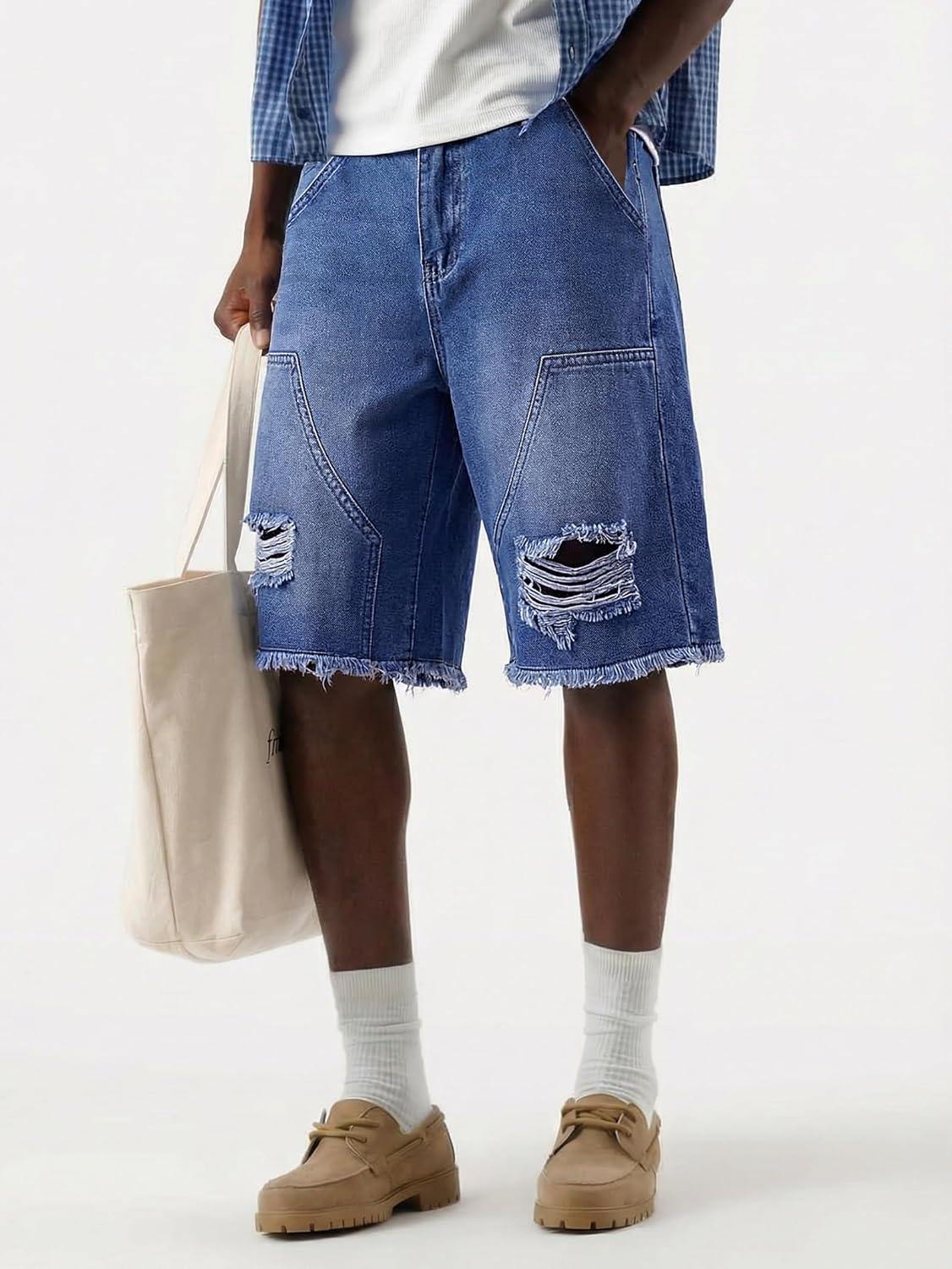 image:imageMens Y2K Carpenter Baggy Jean Shorts Ripped Jorts Wide Leg Distressed Cargo Long Denim Shorts Loose Fit Streetwear SummerLight Blue