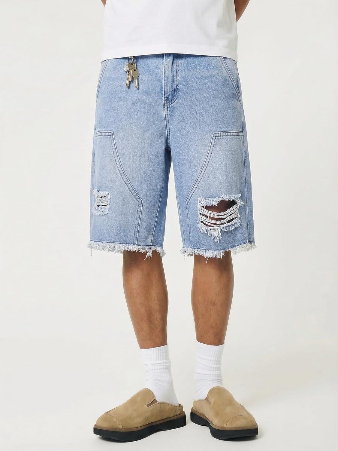 image:imageMens Y2K Carpenter Baggy Jean Shorts Ripped Jorts Wide Leg Distressed Cargo Long Denim Shorts Loose Fit Streetwear SummerMid Blue