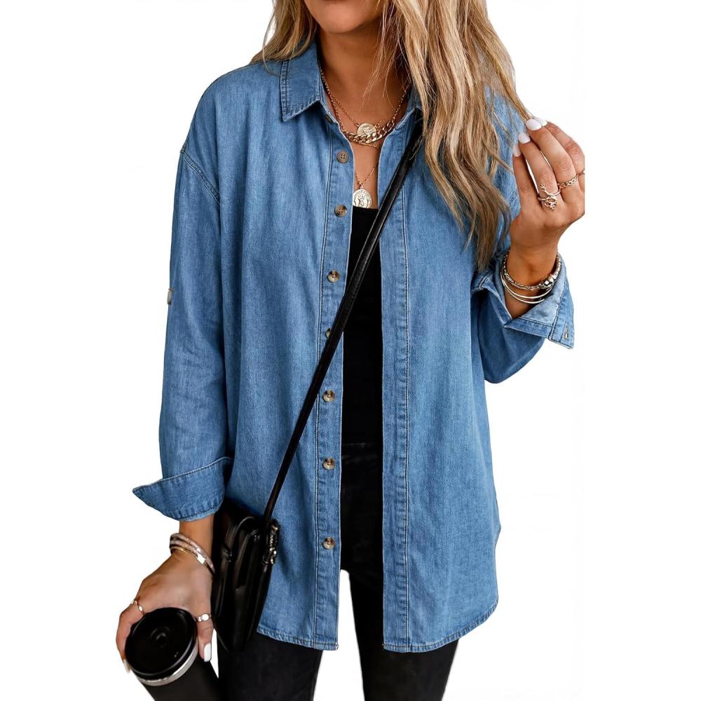 image:imageEMMIOL Denim Shirt for Women Long Sleeve Button Down Blouse Hidden Button Relaxed Fit Versatile Casual TopsMid Blue