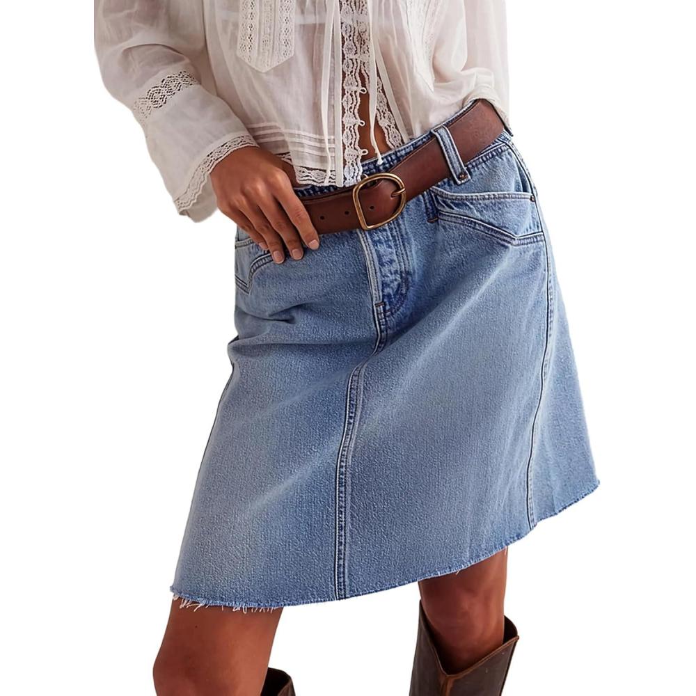 image:imageEMMIOL Womens Denim Skirt MidHigh Waist Knee Length A Line Stretchy Summer Casual Jean SkirtsBlue