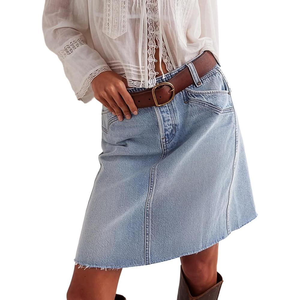 image:imageEMMIOL Womens Denim Skirt MidHigh Waist Knee Length A Line Stretchy Summer Casual Jean SkirtsLight Blue