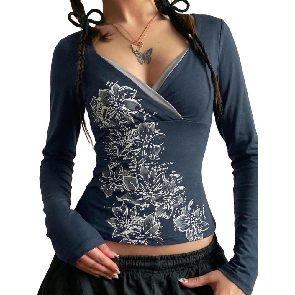 image:imageEMMIOL Y2k Fairy Grunge Long Sleeve Shirts For Women  Vintage Floral Print Graphic V Neck Crop Tops Emo Gothic Clothes318navy Blue