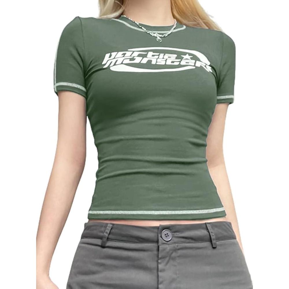 image:imageEMMIOL Y2k Fairy Grunge Long Sleeve Shirts For Women Vintage Floral Print Graphic V Neck Crop Tops Emo Gothic ClothesGreen