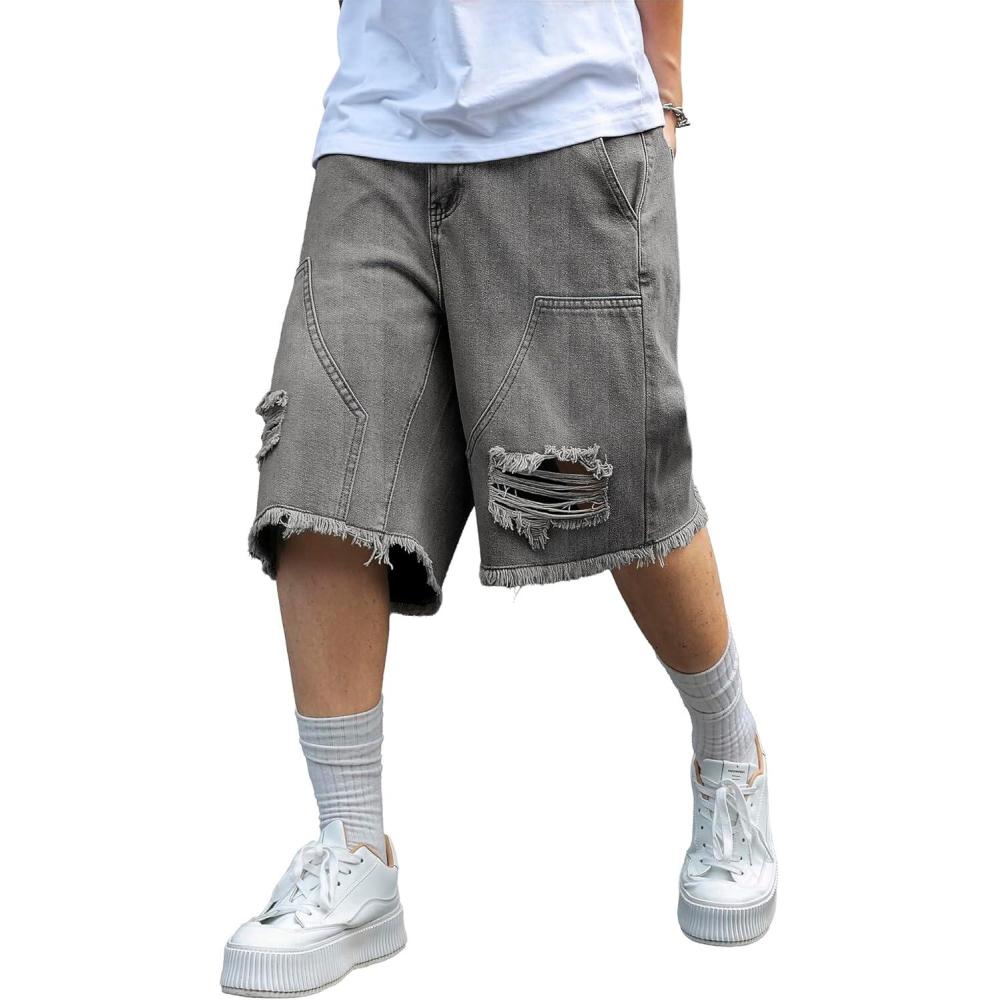 image:imageMens Y2K Carpenter Baggy Jean Shorts Ripped Jorts Wide Leg Distressed Cargo Long Denim Shorts Loose Fit Streetwear SummerBlack