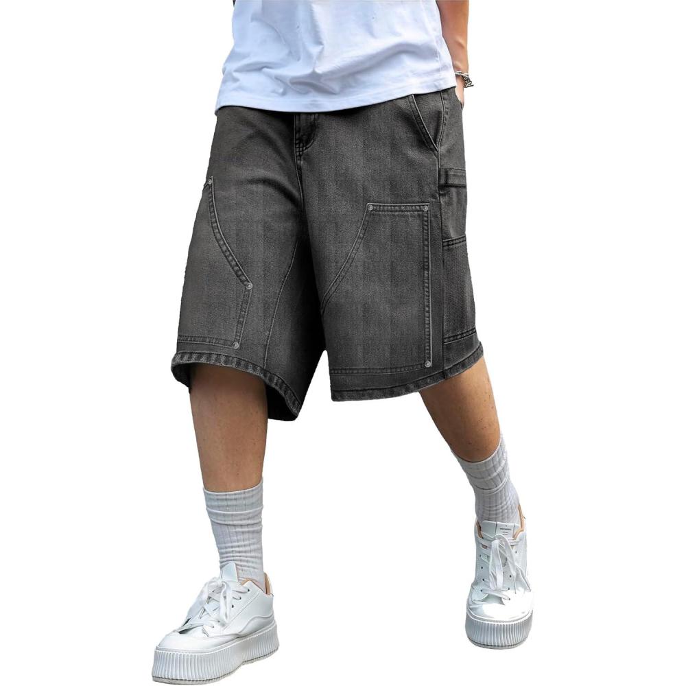 image:imageMens Y2K Carpenter Baggy Jean Shorts Ripped Jorts Wide Leg Distressed Cargo Long Denim Shorts Loose Fit Streetwear SummerBlack069