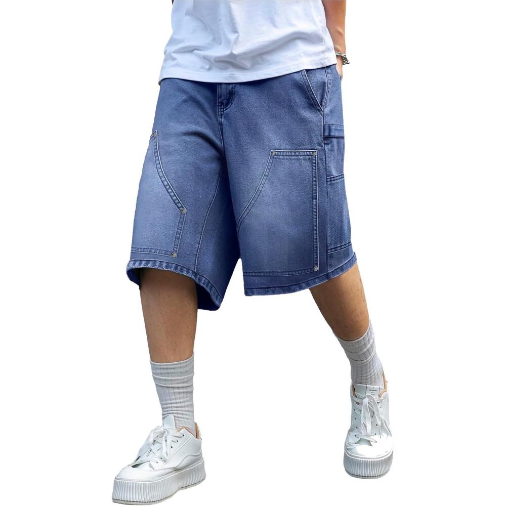 image:imageMens Y2K Carpenter Baggy Jean Shorts Ripped Jorts Wide Leg Distressed Cargo Long Denim Shorts Loose Fit Streetwear SummerBlue069