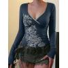 EMMIOL Y2k Fairy Grunge Long Sleeve Shirts For Women – Vintage Floral Print Graphic V Neck Crop Tops Emo Gothic Clothes(318-navy Blue)
