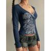 EMMIOL Y2k Fairy Grunge Long Sleeve Shirts For Women – Vintage Floral Print Graphic V Neck Crop Tops Emo Gothic Clothes(318-navy Blue)