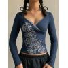 EMMIOL Y2k Fairy Grunge Long Sleeve Shirts For Women – Vintage Floral Print Graphic V Neck Crop Tops Emo Gothic Clothes(318-navy Blue)
