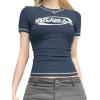 EMMIOL Y2k Fairy Grunge Long Sleeve Shirts For Women – Vintage Floral Print Graphic V Neck Crop Tops Emo Gothic Clothes(Dark Blue)