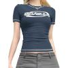 EMMIOL Y2k Fairy Grunge Long Sleeve Shirts For Women – Vintage Floral Print Graphic V Neck Crop Tops Emo Gothic Clothes(Dark Blue)