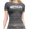EMMIOL Y2k Fairy Grunge Long Sleeve Shirts For Women – Vintage Floral Print Graphic V Neck Crop Tops Emo Gothic Clothes(Dark Grey)