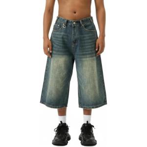 EMMIOL Baggy Jean Shorts Men, Y2k Jorts Cargo Ripped Elastic Waist, Mens Denim Shorts Comfy Casual Streetwear Summer(016-vintage Green)