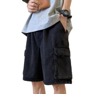 EMMIOL Baggy Jean Shorts Men, Y2k Jorts Cargo Ripped Elastic Waist, Mens Denim Shorts Comfy Casual Streetwear Summer(Black)