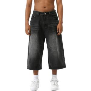 EMMIOL Baggy Jean Shorts Men, Y2k Jorts Cargo Ripped Elastic Waist, Mens Denim Shorts Comfy Casual Streetwear Summer(Black-b)