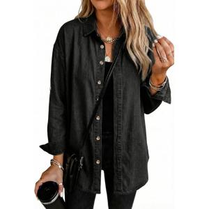 EMMIOL Denim Shirt for Women Long Sleeve Button Down Blouse Hidden Button Relaxed Fit Versatile Casual Tops(Black)