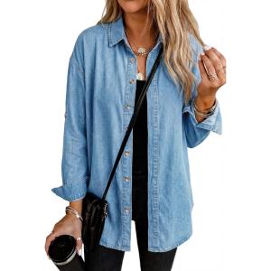 EMMIOL Denim Shirt for Women Long Sleeve Button Down Blouse Hidden Button Relaxed Fit Versatile Casual Tops(Light Blue)