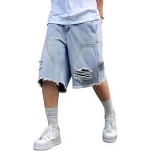 Mens Y2K Carpenter Baggy Jean Shorts, Ripped Jorts Wide Leg, Distressed Cargo Long Denim Shorts Loose Fit Streetwear Summer(Mid Blue)