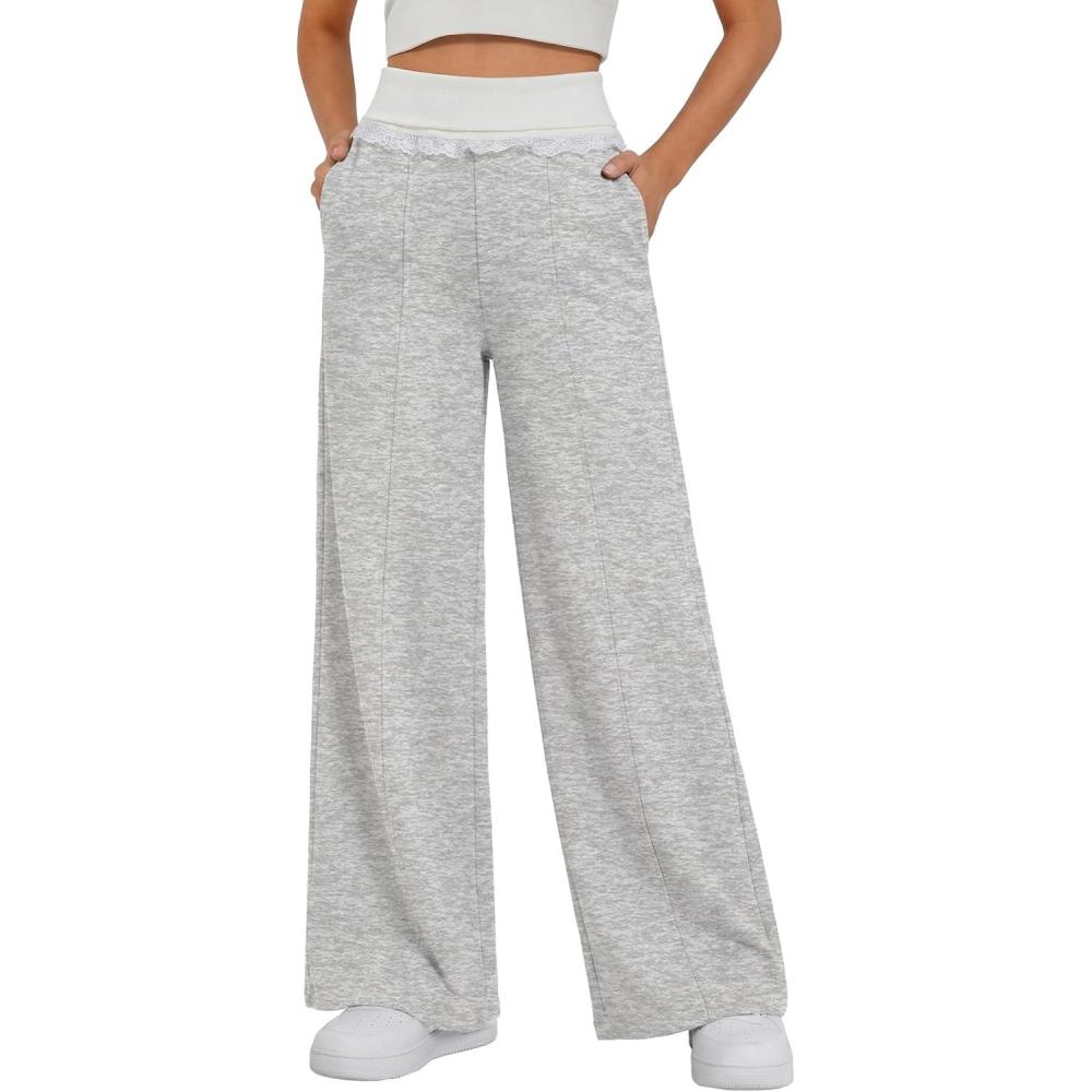 image:imageEMMIOL Wide Leg Sweatpants for Women Baggy High Waisted Lace Trim Trendy Yoga Pants Casual Daily Lounge PantsGray