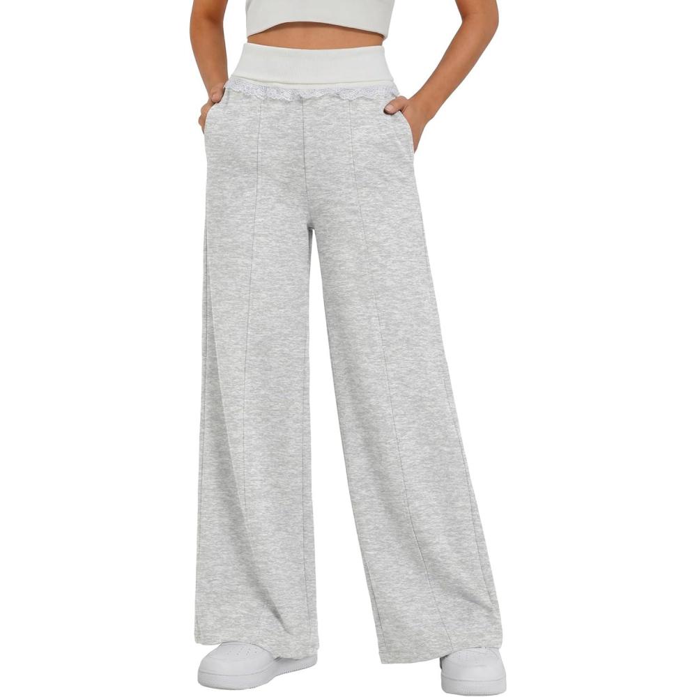 image:imageEMMIOL Wide Leg Sweatpants for Women Baggy High Waisted Lace Trim Trendy Yoga Pants Casual Daily Lounge PantsLight Gray