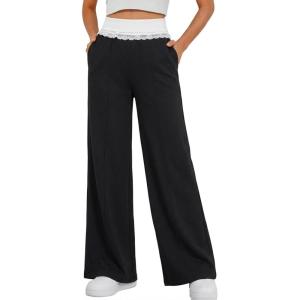 EMMIOL Wide Leg Sweatpants for Women Baggy High Waisted Lace Trim Trendy Yoga Pants Casual Daily Lounge Pants(Black)