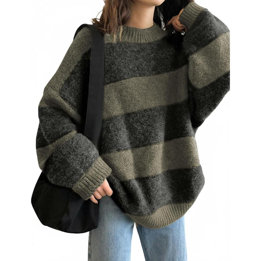 image:imageEMMIOL Womens Oversized Striped Sweaters 2026 Spring Trendy Long Sleeve Knit Outfits Crewneck Fashion Pullover TopsGrayish Green Stripe