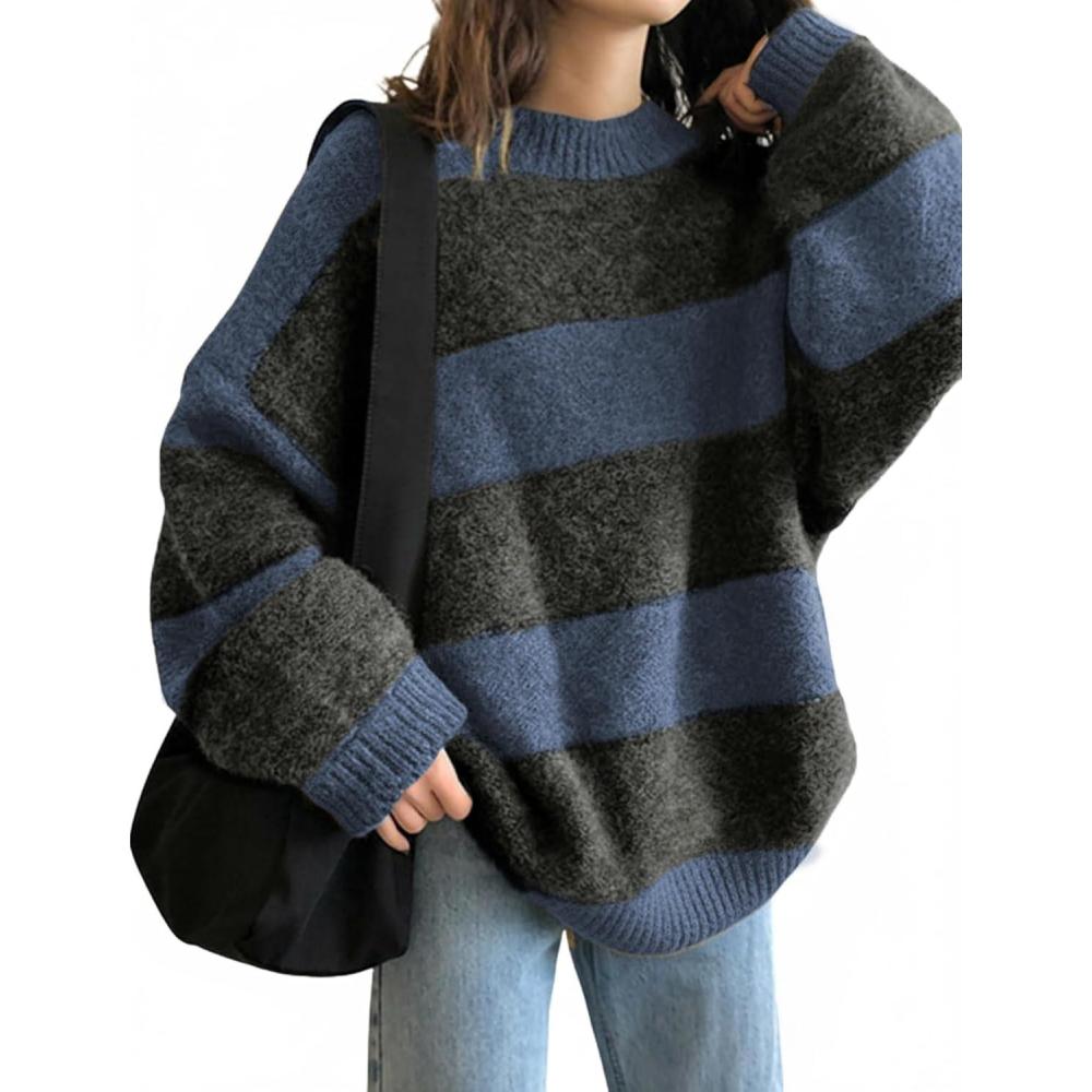 image:imageEMMIOL Womens Oversized Striped Sweaters 2026 Spring Trendy Long Sleeve Knit Outfits Crewneck Fashion Pullover TopsRoyal Blue Stripe
