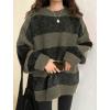 EMMIOL Women’s Oversized Striped Sweaters 2026 Spring Trendy Long Sleeve Knit Outfits Crewneck Fashion Pullover Tops(Grayish Green Stripe)