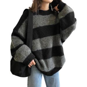 EMMIOL Women’s Oversized Striped Sweaters 2026 Spring Trendy Long Sleeve Knit Outfits Crewneck Fashion Pullover Tops(Black Stripe)