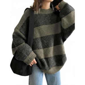 EMMIOL Women’s Oversized Striped Sweaters 2026 Spring Trendy Long Sleeve Knit Outfits Crewneck Fashion Pullover Tops(Grayish Green Stripe)