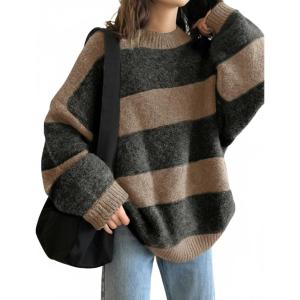 EMMIOL Women’s Oversized Striped Sweaters 2026 Spring Trendy Long Sleeve Knit Outfits Crewneck Fashion Pullover Tops(Light Khaki Stripe)