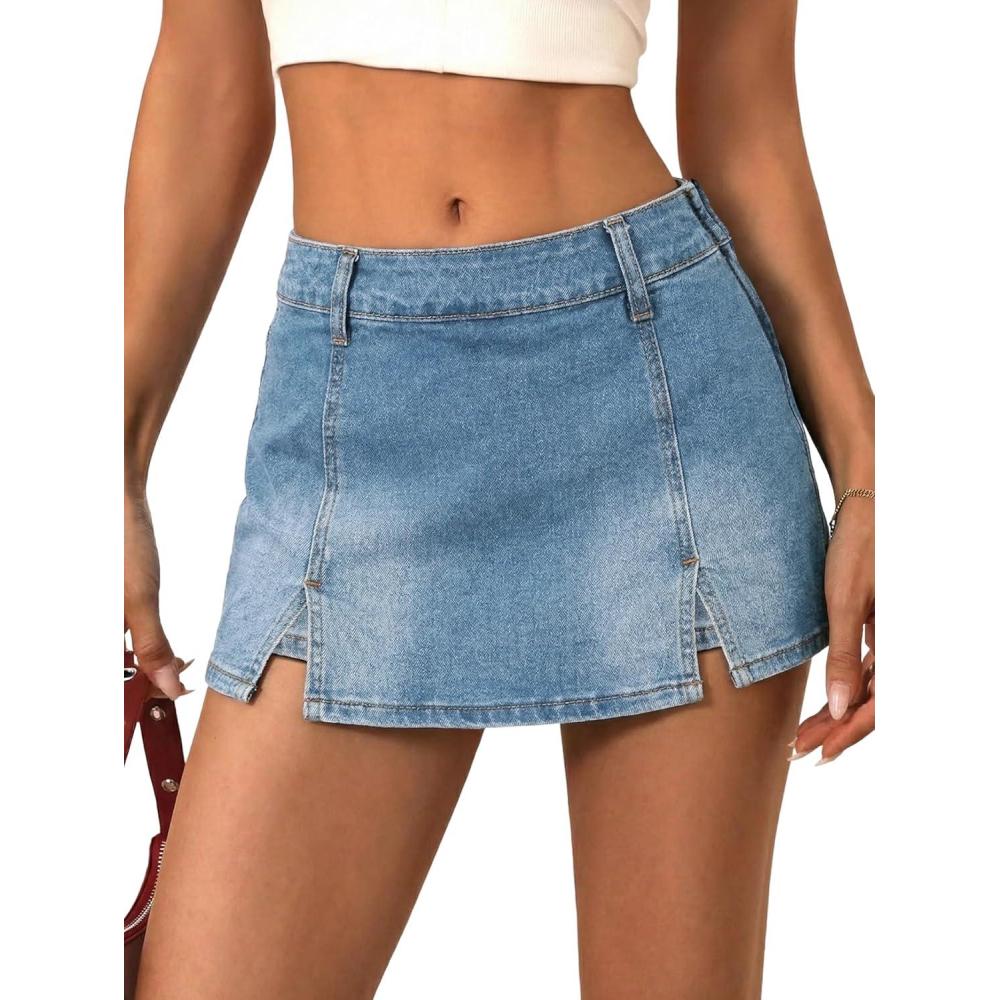 image:imageEMMIOL Denim Mini Skirt for Women MidLow Waisted Stretch Side Zipper Skort Y2k Casual Jean Skirts with Shorts UnderneathBlue