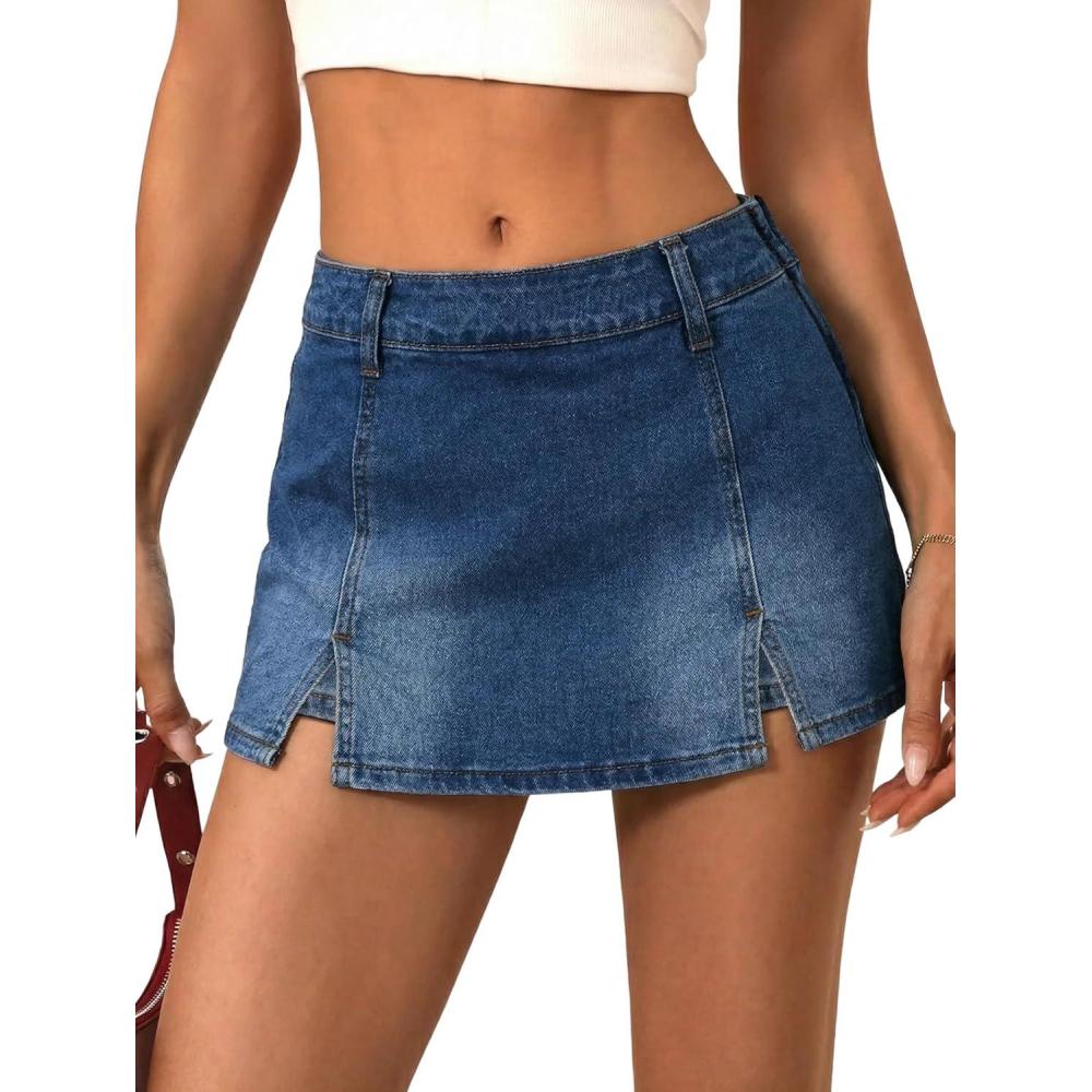 image:imageEMMIOL Denim Mini Skirt for Women MidLow Waisted Stretch Side Zipper Skort Y2k Casual Jean Skirts with Shorts UnderneathDark Blue
