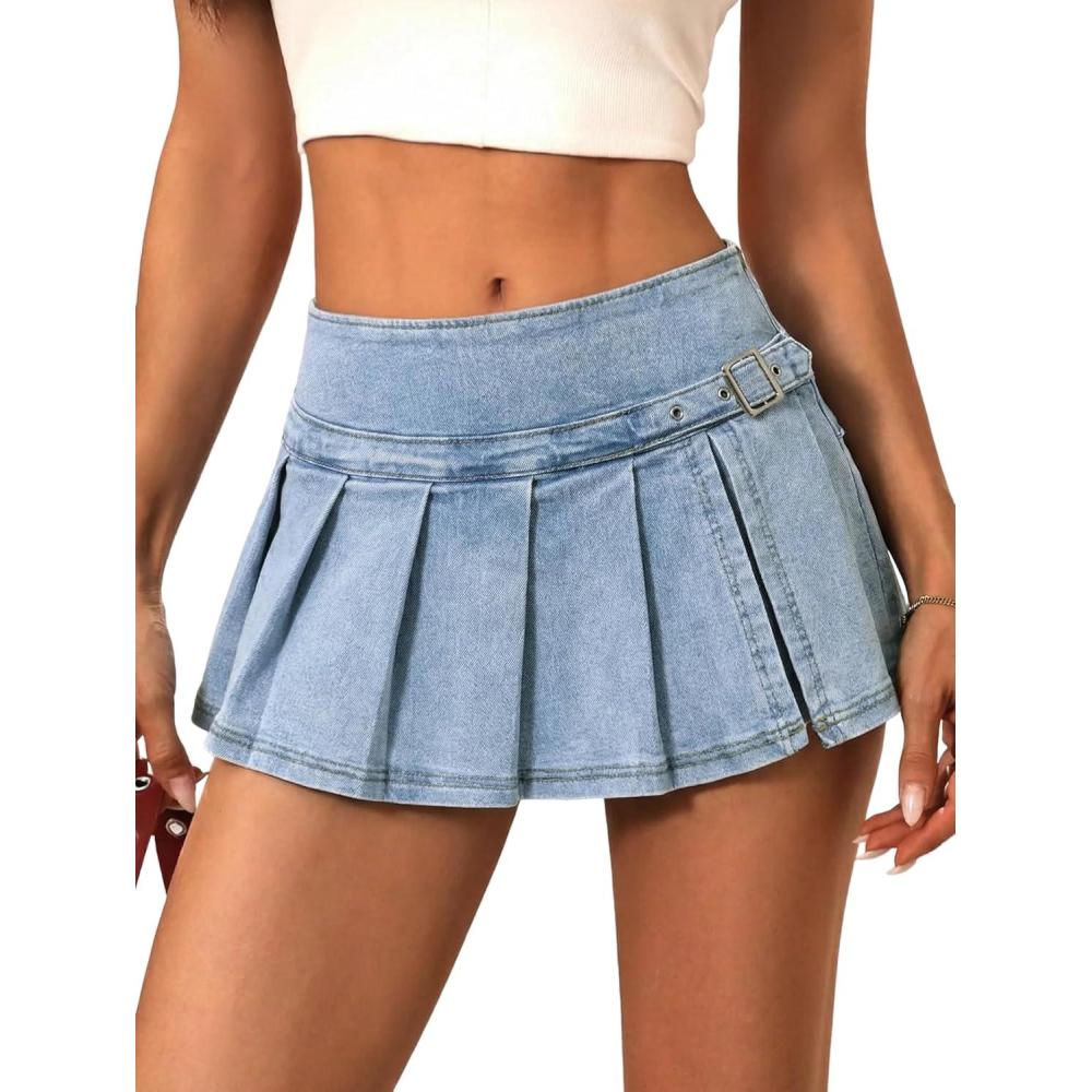 image:imageEMMIOL Denim Mini Skirt for Women  MidLow Waisted Stretch Side Zipper Skort Y2k Casual Jean Skirts with Shorts UnderneathLight Blue055