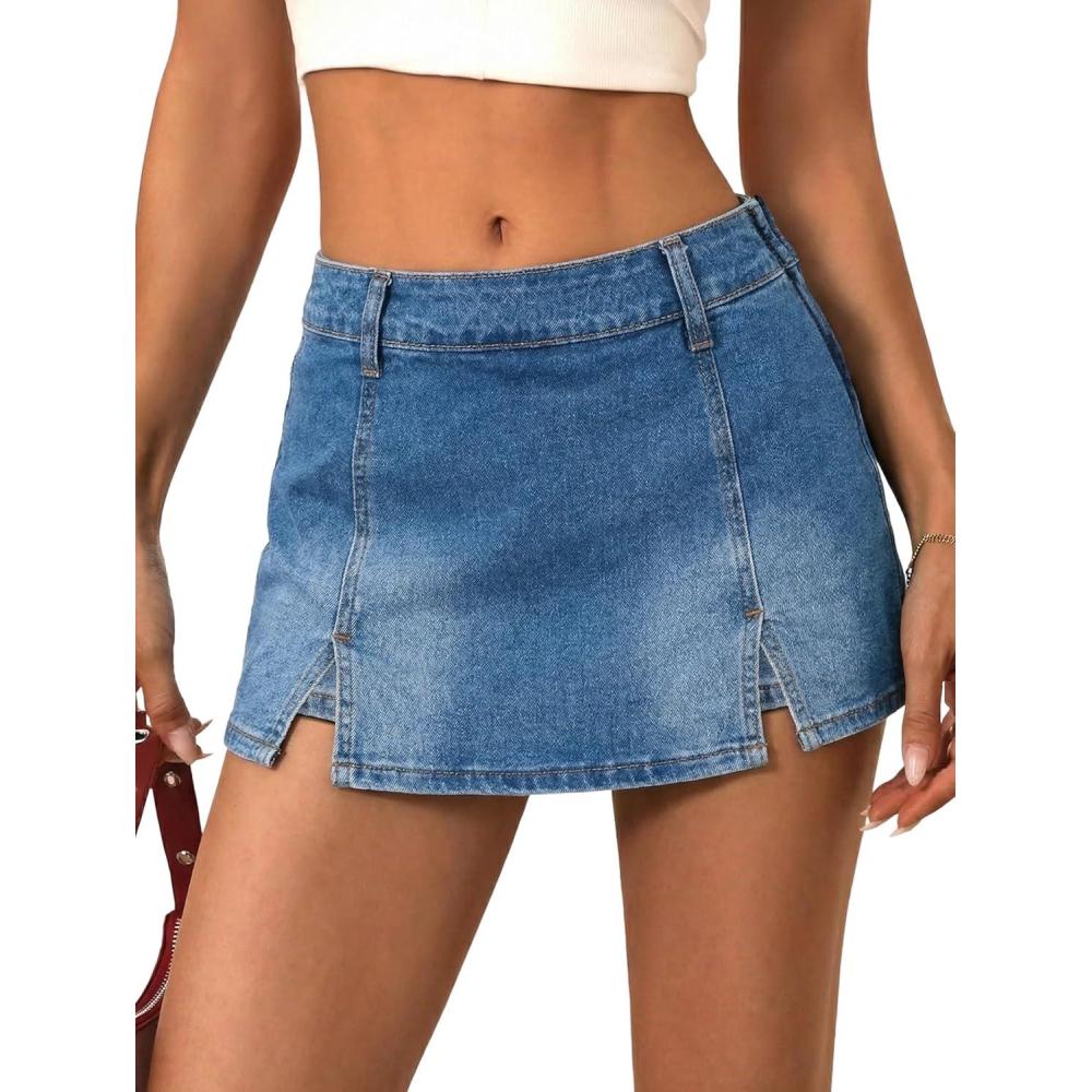 image:imageEMMIOL Denim Mini Skirt for Women  MidLow Waisted Stretch Side Zipper Skort Y2k Casual Jean Skirts with Shorts UnderneathMid Blue