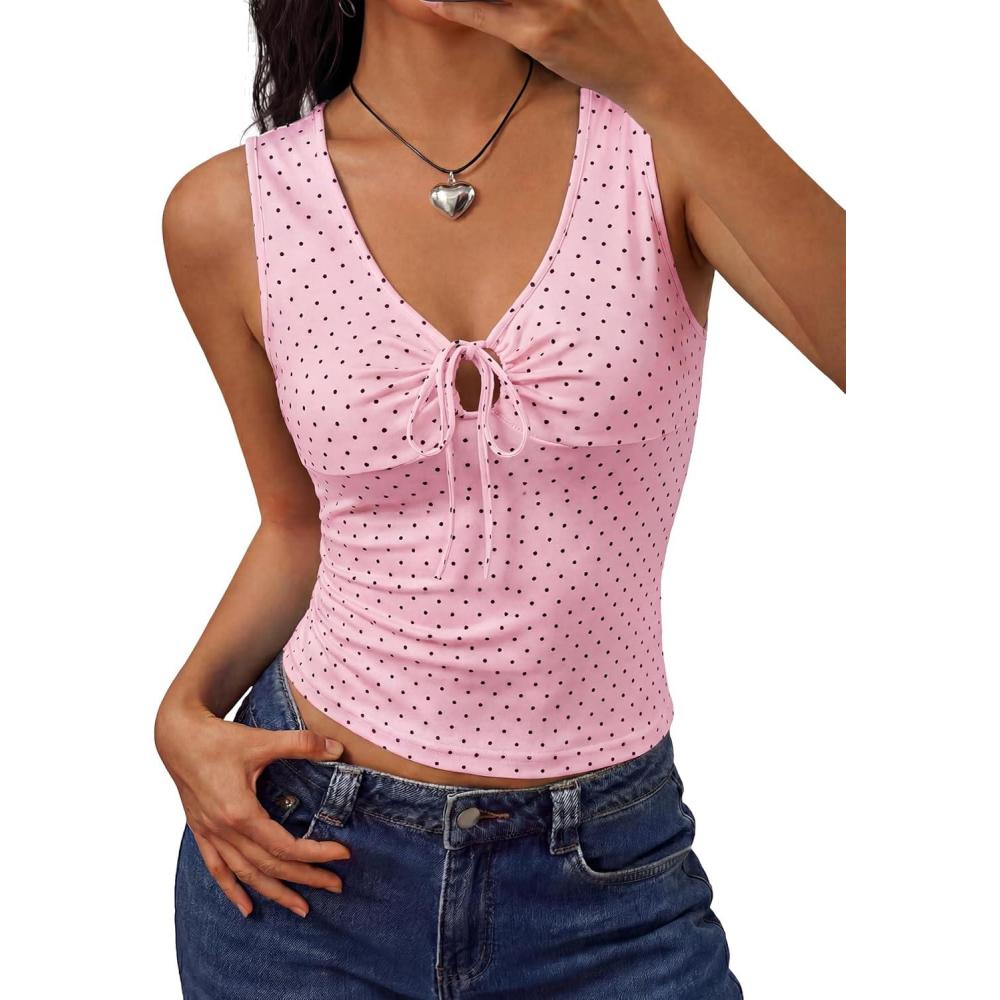 image:imageEMMMIOL Sleeveless Tank Top for Women Sexy Babydoll Tie Up Crop Tops Y2K Cute Stretchy Going Out Clothes Summer OutfitsPink086