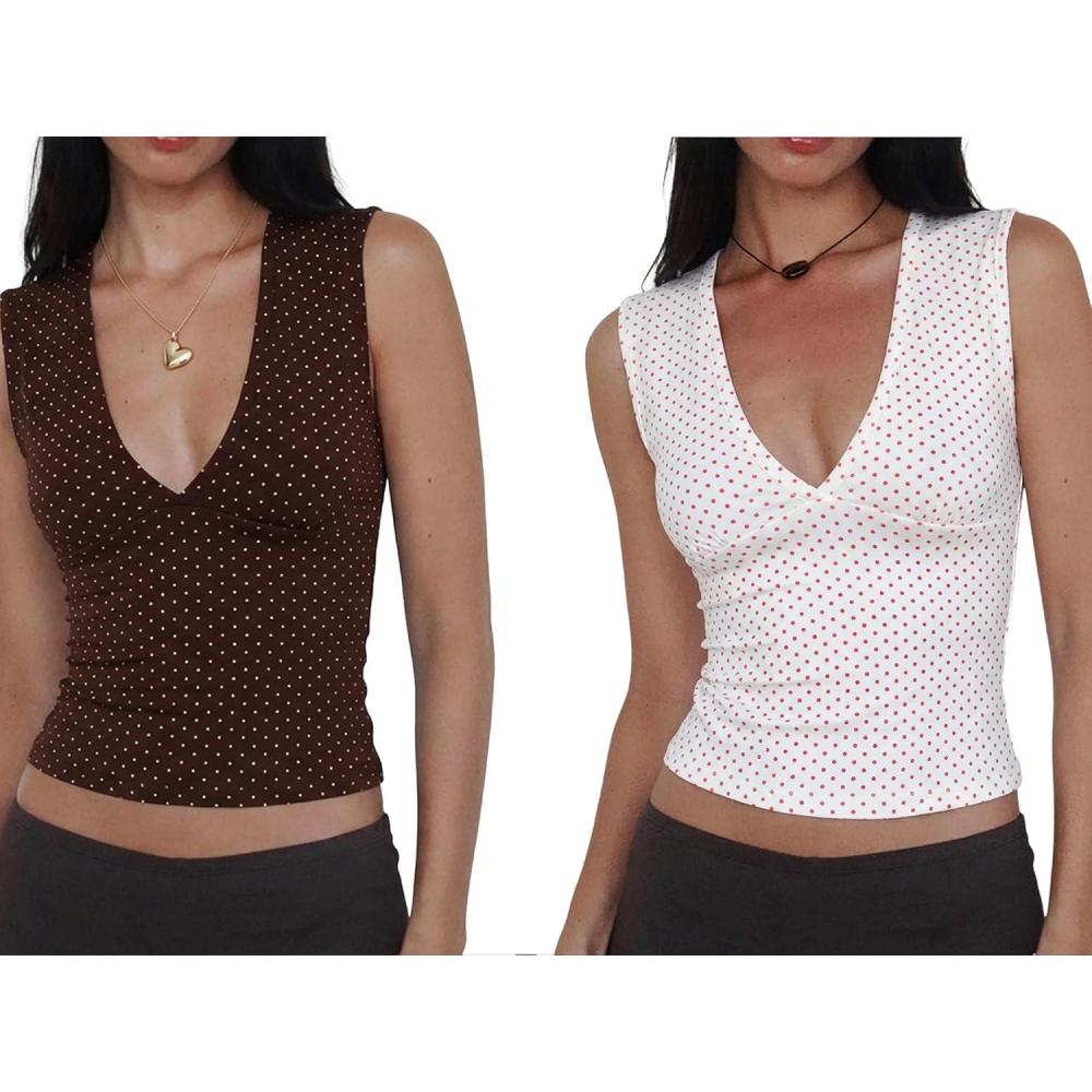 image:imageWomen Deep V Neck Tops Sexy Polka Dots Sleeveless Crop Top Stretchy Going Out Tank Top Summer Clothes