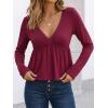 EMMIOL Long Sleeve V Neck Shirts for Women Top Lace Trim Basic Sexy Tee Fashion Casual Stretchy Blouses(Red)