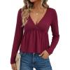 EMMIOL Long Sleeve V Neck Shirts for Women Top Lace Trim Basic Sexy Tee Fashion Casual Stretchy Blouses(Red)