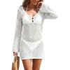 EMMIOL Women Swimsuit Cover Up Knit Beach Sexy Dress V Neck Long Sleeve Loose for Summer Bikini Swimwear Vacation Clothes(White)