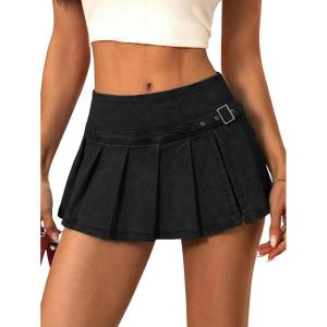 EMMIOL Denim Mini Skirt for Women – Mid-Low Waisted Stretch Side Zipper Skort Y2k Casual Jean Skirts with Shorts Underneath(Black-055)